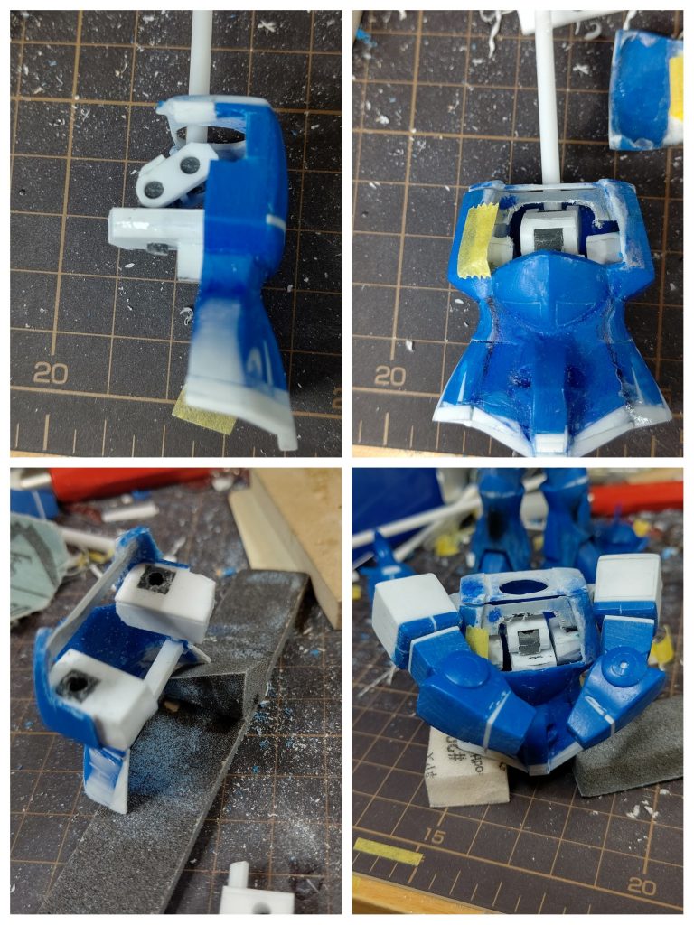 設定画や作画は顔がやたら前に来てますが、そのまま作るとおかしなことになるので首を引き出し式にして持ち上げることで前に倒せるようにしました。肩関節基部も引き出し式でサーベル両手構えや、ヒートロッドを振るポーズも決まるようになりました(たぶん)