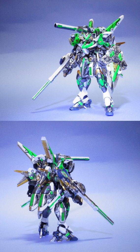 ハサウェイやF91よりも後の時代設定みたいだから、未来感でるような光り物いっぱいにしてみっか。今回は無改造だけど、背中のスラスターだけドリルで穴開けてデザインナイフでくり抜いた。なんでここだけバーニア平らなんだろう？他の場所のディテールはガチなのに。