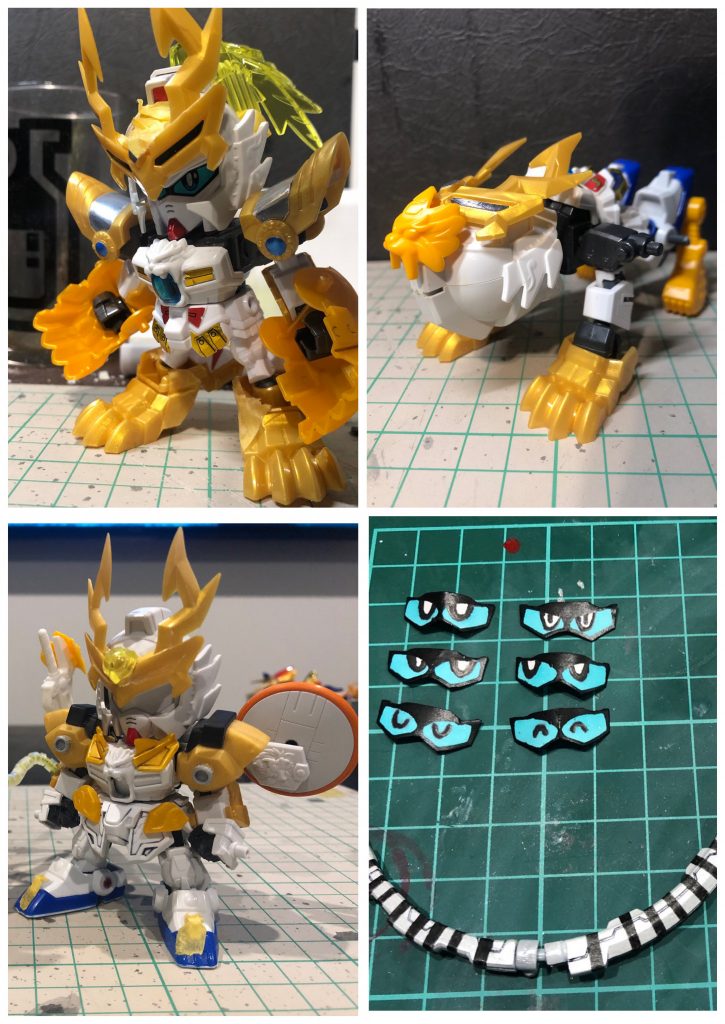 制作工程(初期、塗装前、目について)・初期白虎担当としてサクッと組んだ状態です。この段階で既に虎への変形は想定してましたが、組替え変形では中々うまくいかず、結局いつもの支援機との合体に落ち着きました。そこから「武器に封印された神獣を呼び出して最終的には合体&変形！」という設定も同時進行で作り始めました。・塗装前塗装直前の状態です。需要が有るかはさておき、使用したパーツが分かりやすいかと。・尻尾に関して塗装に入るまでは別案でしたが、塗装に入ってから大斧のギミックを思いつき、急遽作成。Gレコジャハナムのビームアックスを使用、エフェクトは自作です。・目に関して今回SDガンダムを作る際、一番苦戦したのは目でした。SDガンダム＝1人のキャラクターだけど、感情を表現できるのは目のみ。故に大事な部分だと思って手書きするのですが、残念ながら私には絵心が無かったw今後も作っていく過程で苦労することでしょう、がんばれ俺w