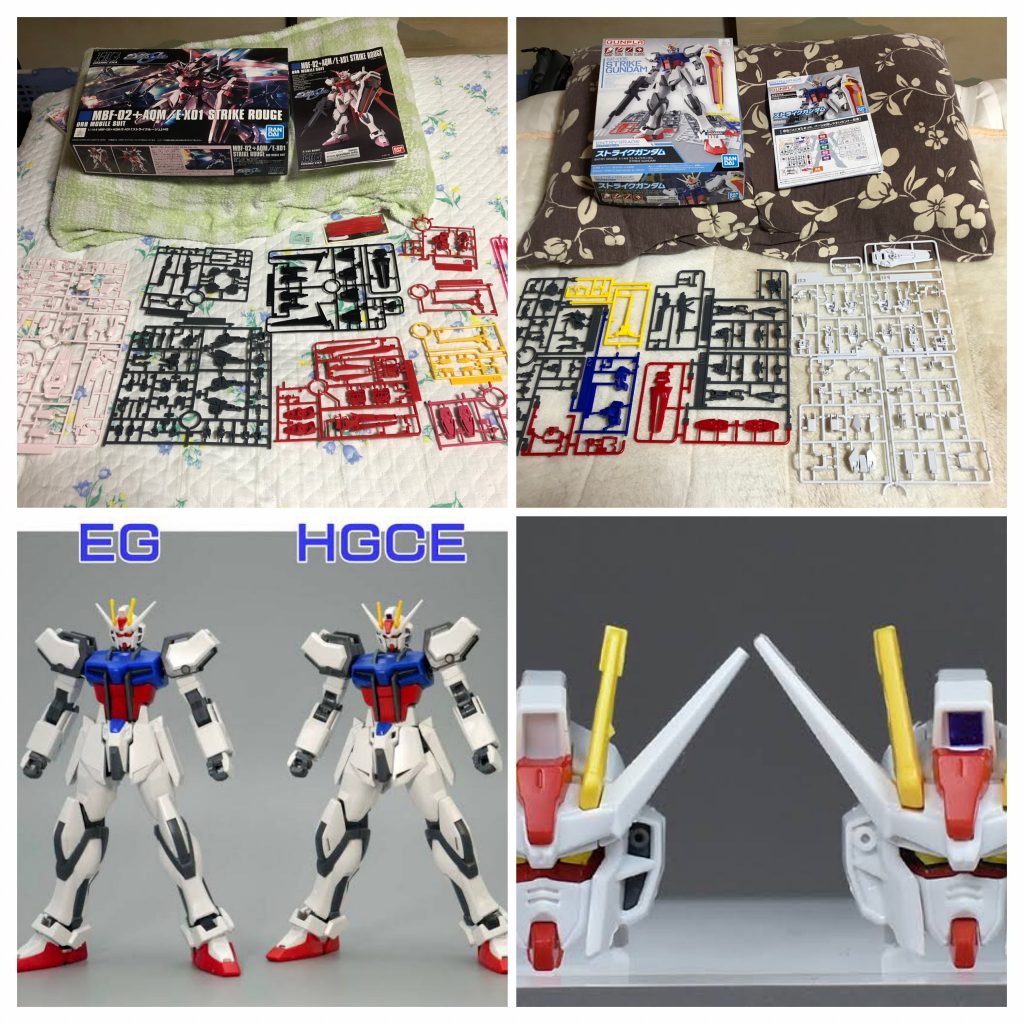 EGとの比較。装備がないのを抜きにしてもEGの方が部品点数が少なくステッカーレスです。組み立ても簡単ですが、HGとほぼ同じ…というかEGの方が作り込みが細かい箇所もあるので、後発モデルはすごいなと思います。