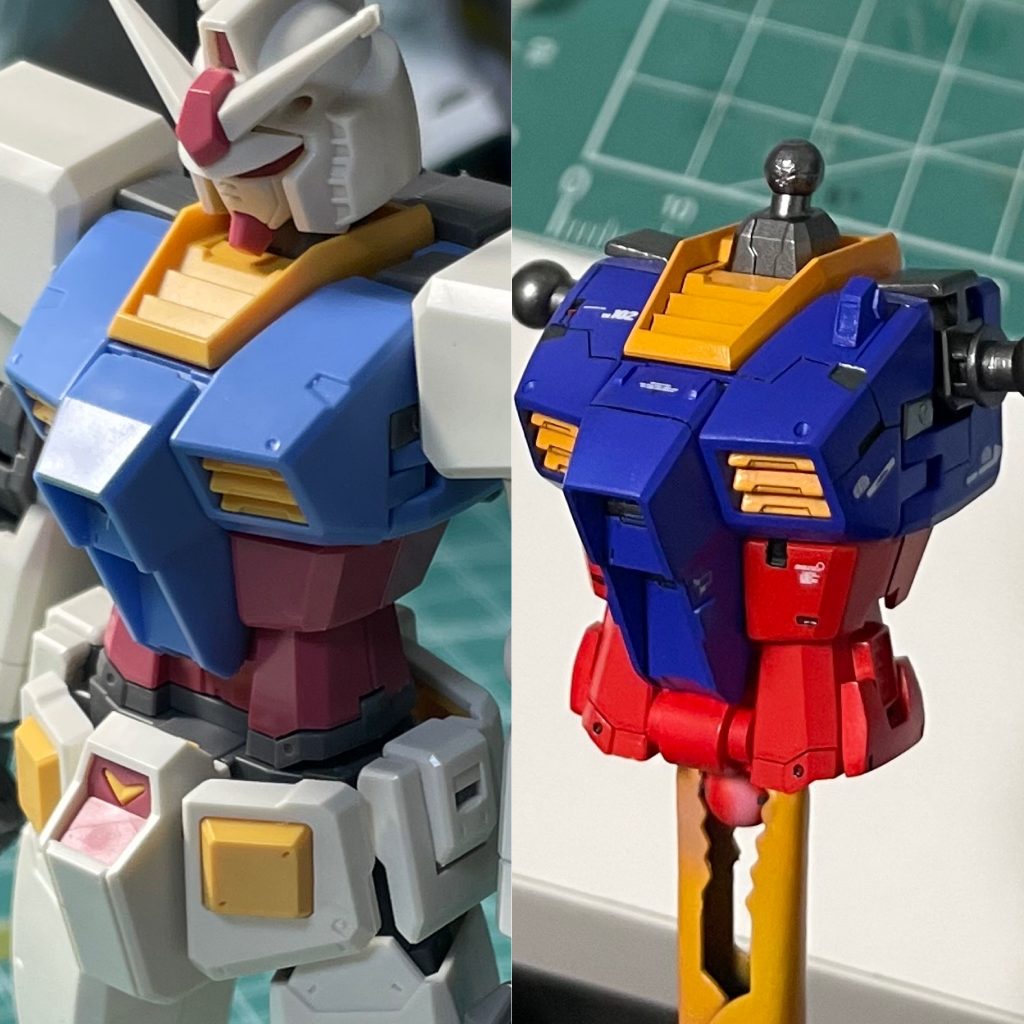 胴体パーツの切り欠きやボリュームアップは初の試みで、とても緊張しました。プラ棒でのパイプ表現含め、満足のいく仕上がりになりました。