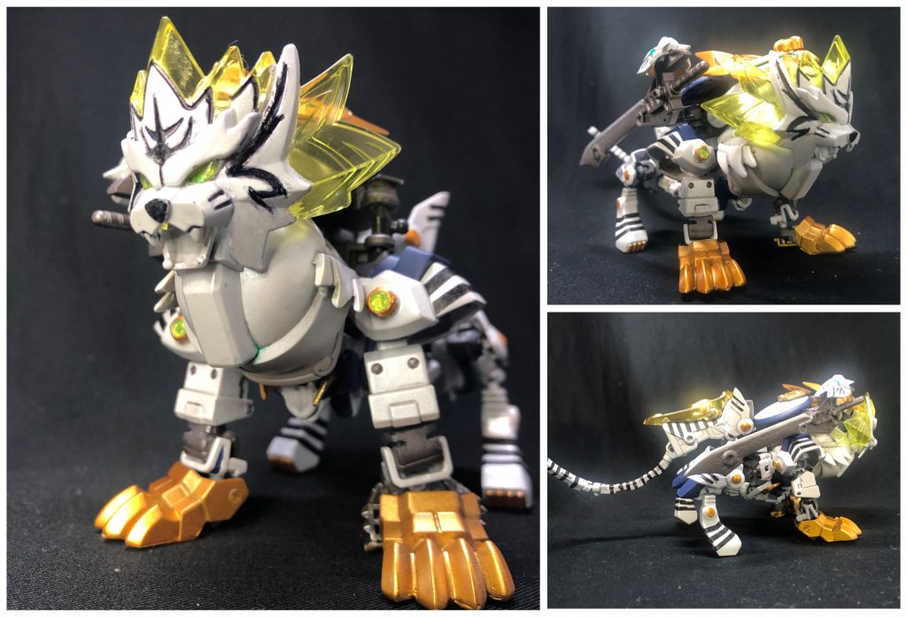 神獣•白虎形態同調の最終段階[神獣化]によって虎暁と弩虎が一心同体となり、伝説の神獣•白虎となった形態。肉体を失った弩虎の本来の姿でもある。SDでも動物に変形する、というのは私の制作物の癖かもしれません。動物姿も少しSD寄りの体型ですが、虎っぽく仕上がったので一安心。