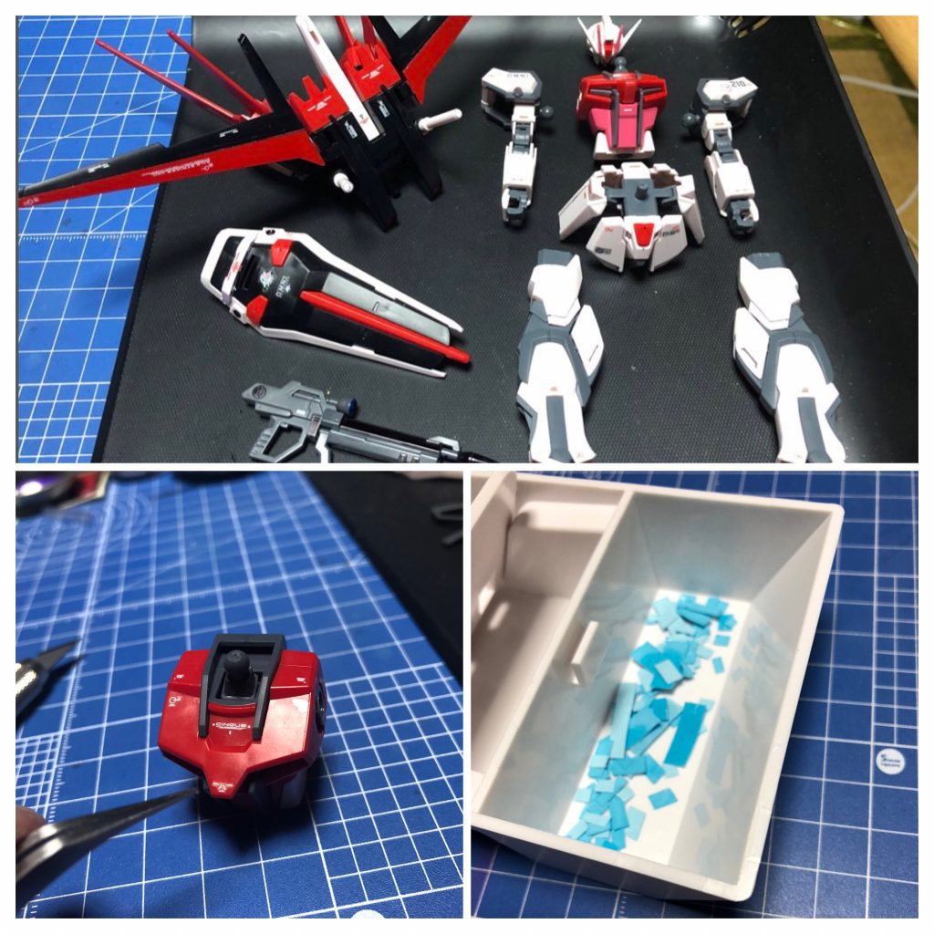 デカール貼り付け後です。予想以上の細かさに泣きそうになりながら貼りましたw正直あまり派手に変わった！という感じではありませんが、台紙の残骸から結構な枚数を貼ったことがわかってもらえると思います^_^;スジ掘りなどと組み合わせてトータルでディティールを上げて行くのが効果的なんでしょうね…ガンプラは奥が深いです^_^;