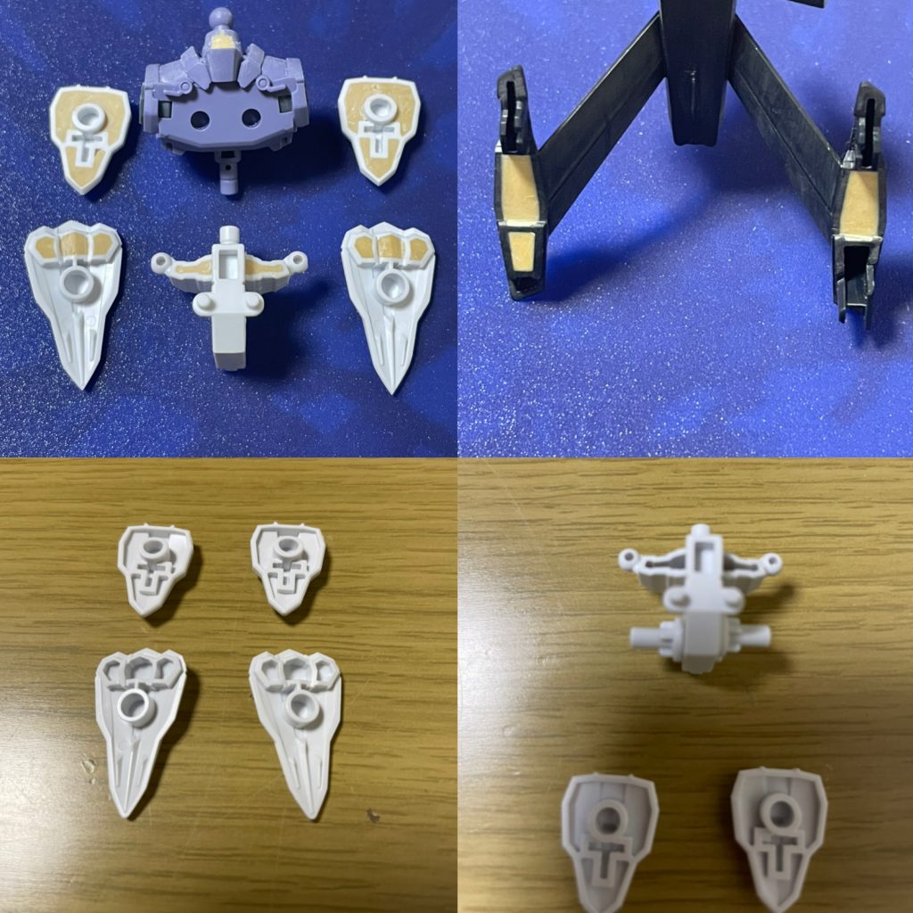 気になる肉抜きは軽量パテで埋めました。パテが余ったのでソードマウンタも埋めましたが、見えんし重たくなるだけだったのでやらんでもよかったな…と。あと肩と足側面の装甲をはじめ各部をシャープ化。