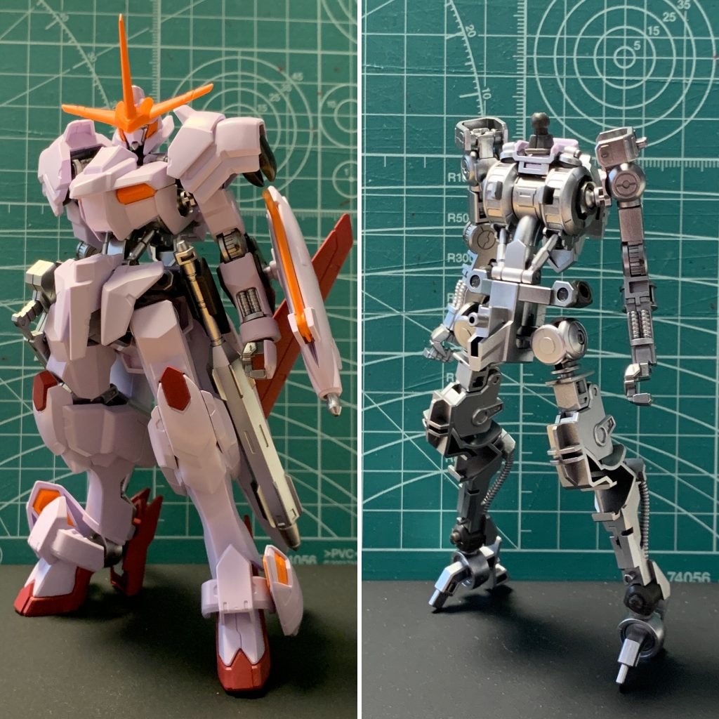 外装くっつけた状態とで比較写真。フレームだけでも自立してびっくりした。あちこちのゲート跡はいつもなら汚しやリタッチで隠すんだけど、たまには「もう一回塗る」とゆう工程足してもいいかなと。で、どうせ塗るなら簡単に隠せるところは隠してみるかなとマスキング。