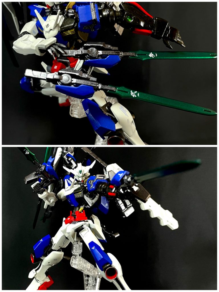 ベイオネット腰に装備されている、ライフルとしても使用可能な銃剣。装備基部を大きく横に動かすことが出来るので、抜刀ポーズを取ることもできる。ヴァルキュリアブレード、GNソードⅡを元に製作。後ろのアームを再現するのが技術的に難しくてずっと悩んでいたんですが、バルバトスのバックパックを活用して大変良い感じになりました