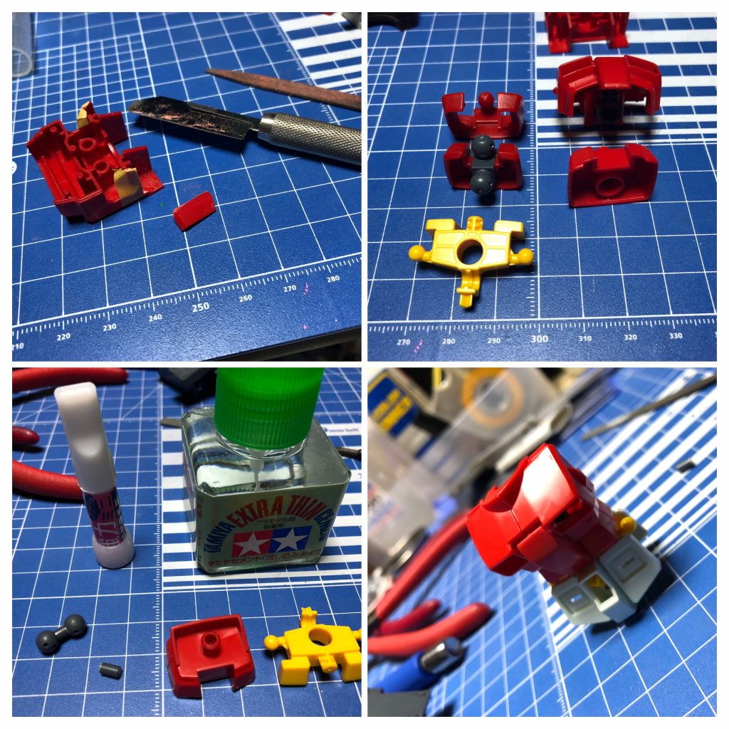 胴体の加工です。キャノン取り付け部の外側の装甲が張り出して肩に干渉するのでカット。上体と腰の接続が違うので、ボールデンアームズのボールジョイント×2を切削接着して接続可能にしました。ガンキャノンのポリキャップが劣化で割れてしまっていたので、バンダイのオンライン注文でポリキャップ一式を取り寄せています。便利です^_^b