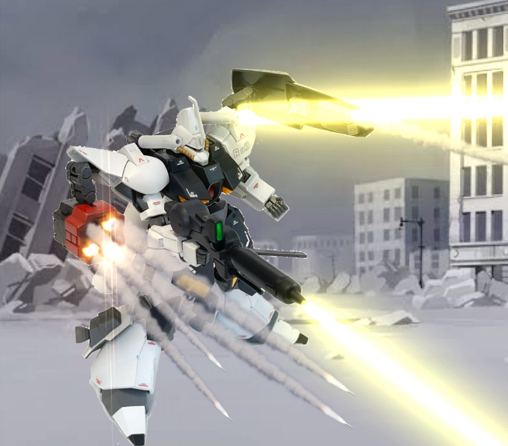 ミサイルポッド、シールドミサイル、ビームキャノン、ビームライフルで全兵装発射！クソコラしてみました。背景がフリーの適当なやつ感丸出しですが弾は有料ソフトです。習作、ネタとしてお納めください（？