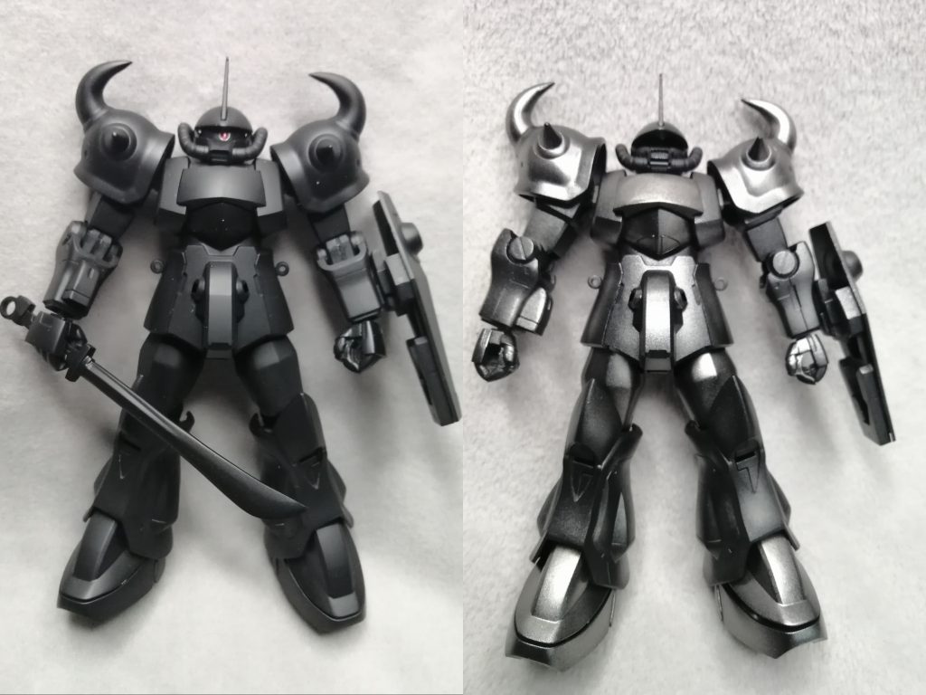 エコプラなのでそもそも真っ黒なのですが下地にサーフェイサーを吹いてパッケージ風に次の段階としてガイアカラー スターブライト ジュラルミンをふちの黒を残したまま全体塗装その上からMr.カラーのクリアブルーにパープルを少し混ぜたものを吹き付けます最初はあんまり色が乗りませんが途中から一気に乗り始めて、あっという間に青くなってしまいましたパーツごとの色味を合わせるのが大変でした