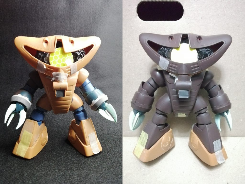 色の違うところがズゴックパーツです前腕が細く感じたのでWAVEさんの大型バーニアパーツをスライスして接着前腕部の飾りの波々がずっと制作が面倒でネックだったんですが、これまたWAVEさんのHGディテールパンチで薄いプラバンを打ち抜いて張り付けることでようやく解決しました