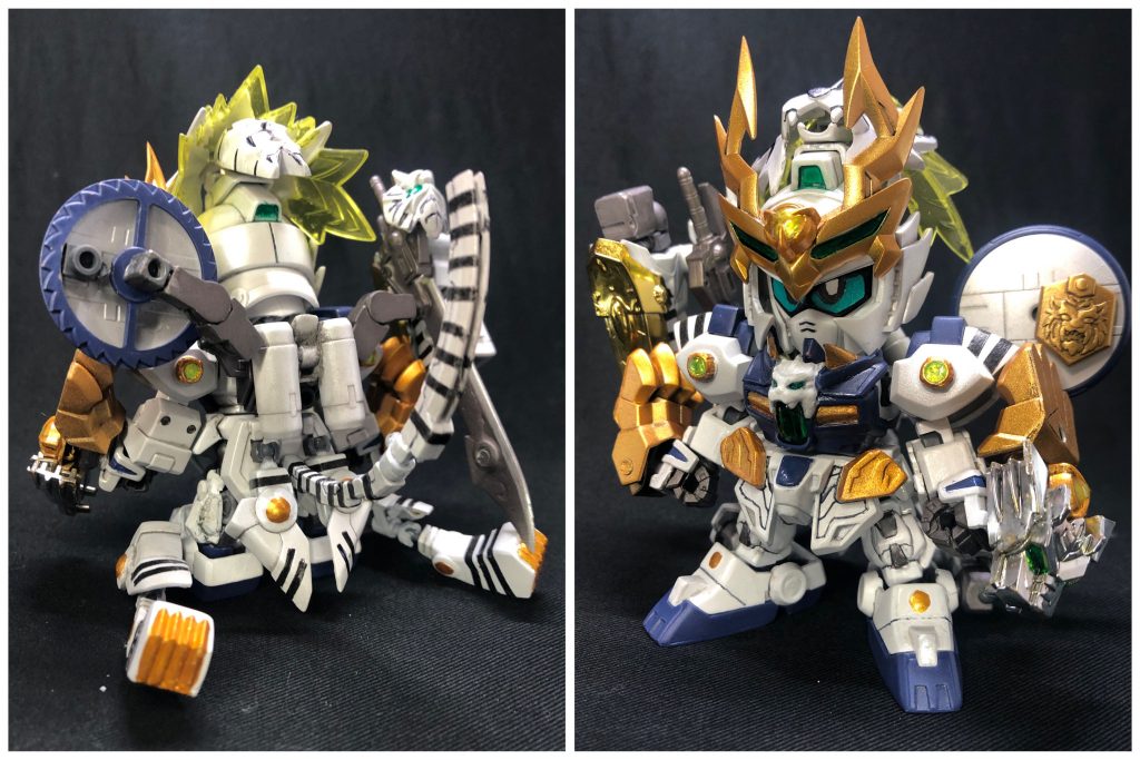 獣神形態同調の第三段階[合体]によって二人が合体した姿。虎暁が弩虎の力により強化した形態で、攻撃力や俊敏性が飛躍的に高まっている。ちなみに体の主導権は虎暁。ブロッサムのシルエットはそのままキープしつつ弩虎をバラして配置しています。手甲が左右で少し違い、左手には天玉鎧のメッキパーツで作った大牙頑駄無超将軍の虎頭風の飾りを付けています。(本当は胸に付けたかったのですが、ギミック的に難しかったので手甲に配置f^_^;)