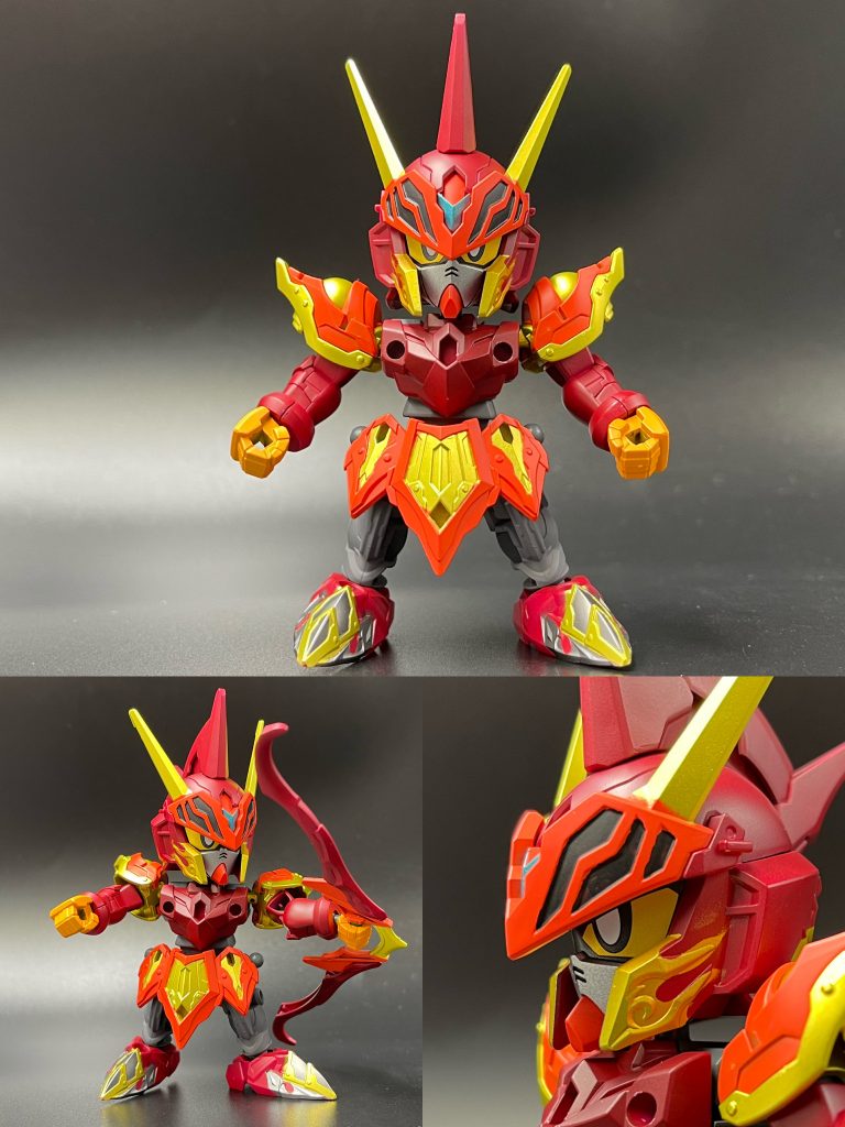 軽装形態です。往年のBB戦士の騎士ガンダムシリーズを彷彿させる鎧の着脱ギミックもこのキットの特徴で、私の好きポイントの一つです。エングレービング等を全て正確にマスキングするのは困難過ぎるなという自分と、ファイヤーパターンの練習をしたい自分の利害が一致し、ファイヤーパターンを取り入れました（画像右下のほっぺのところなどもその例）