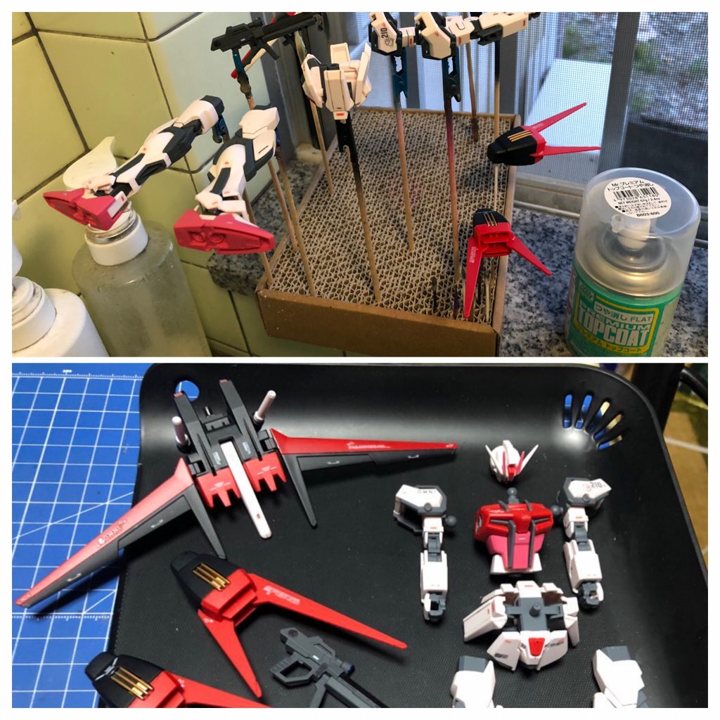 塗装組み付け3時間、デカール貼り4時間(w)を経て、仕上げのトップコートです。ちょっと変わった成形色を目立たせるには良い手法だと思います。