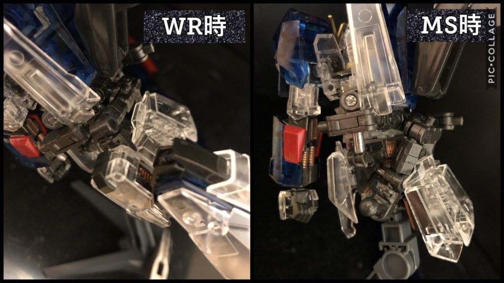 ③ 脚の変形キットのままでも、ほぼ問題は無いのですが、脚の付け根はそのままじゃ可変出来ないので、ボールジョイントを内部に置き換えてます。脚の後ろのバーニアのカバーは差し替えだったので、ちょっと削ってスライド出来る様にしました。