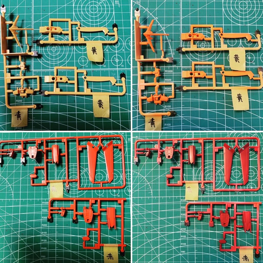 まずはランナーのまま塗装。差し色パーツは成形色よりコントラスト高めの色に。写真にないけどフレームはシルバーに。メイン装甲は紫がかってキレイだったので成形色のままで。塗る順番の事ずーっと考えてるといざ塗る時に「何色にするんだっけ…?」ってなるので迷わないようにタグつけてます。
