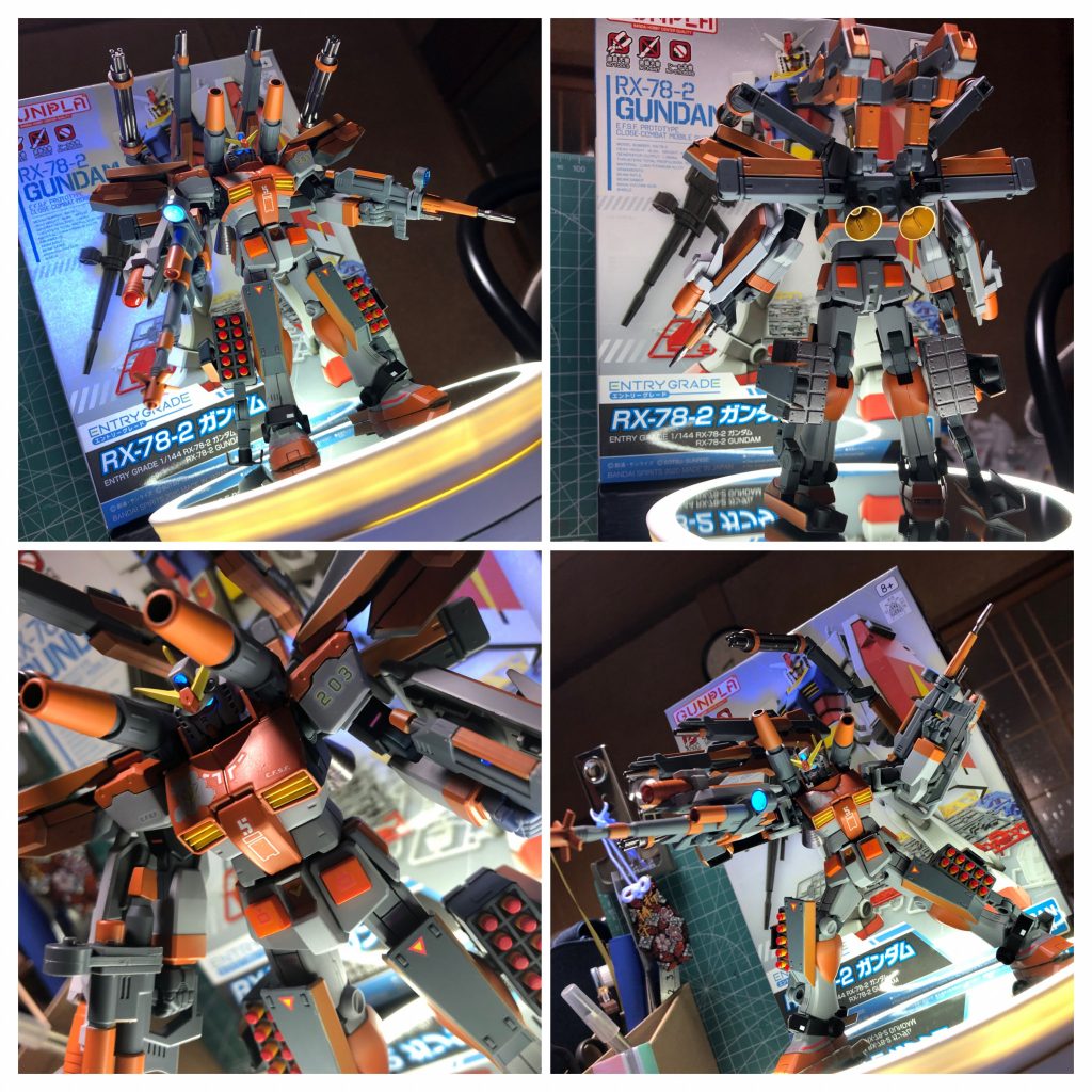 そしてついにロールアウト!重装備ですが、補助脚がちゃんと機能しているので、接地は良好です。それにしてもEGの股関節はよく折れると聞いてましたが、確かにこの作りだとうっかり折りそうwポーズを取らせる際に無意識に力がかかっちゃうんですよね…とは言えベースキットの出来はとても良いのは間違いないです^_^b