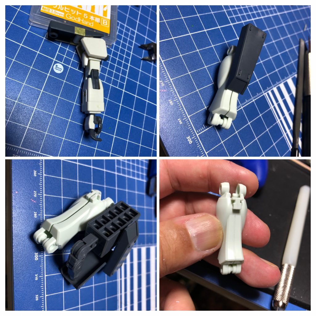 腕はスジ彫りとボールデン装甲を接着。足は腿のスジ彫り、下腿をスジ彫り堂さんの「ダンモ」を使って段落ちモールド化した上で装甲を接着。ミサイルランチャーは足に穴開けして接着してます。