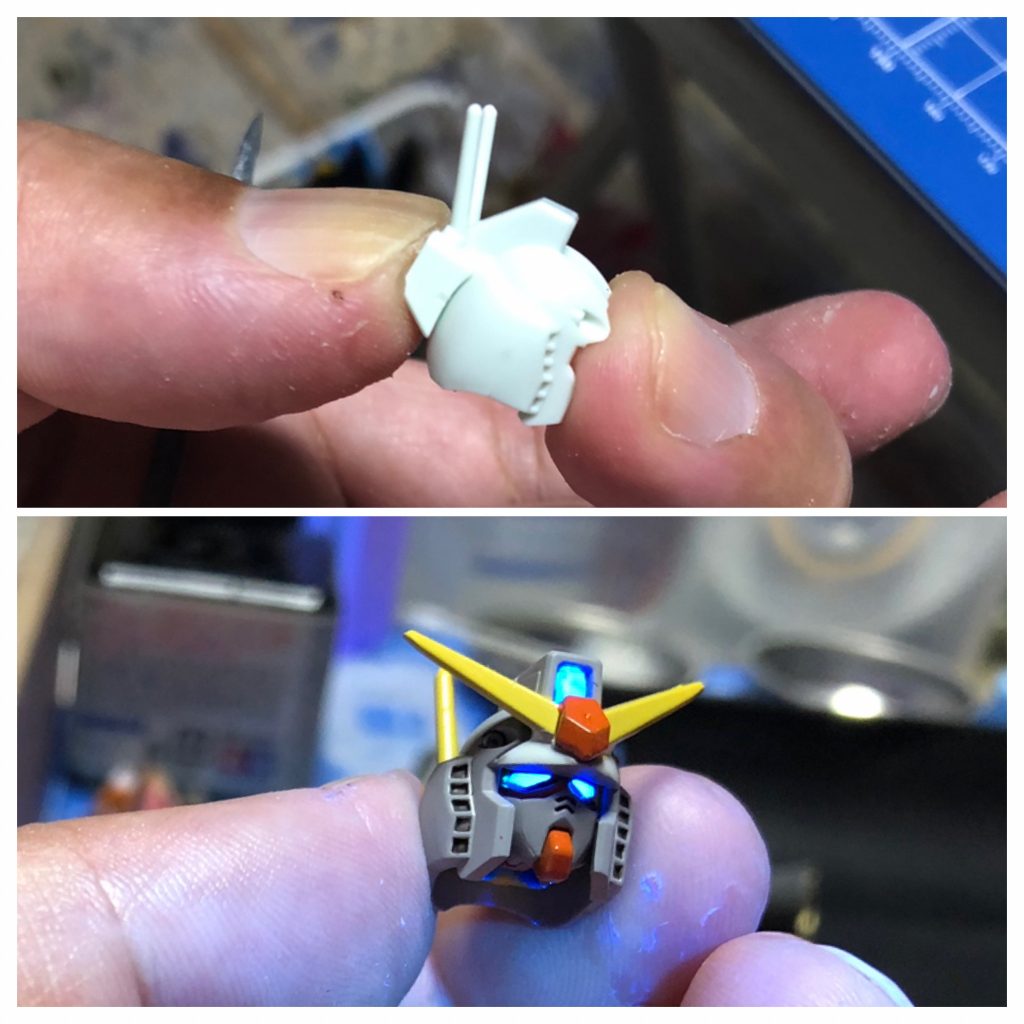 頭は火器管制用の要素としてガンキャノンのアンテナを追加しました。センサー類の蛍光塗装は今回からラッカー金の上に蛍光塗料をエアブラシで吹いて、なんちゃってキャンディ塗装にしてます。うっすら金が透けるので、なかなか良い感じに仕上がります。