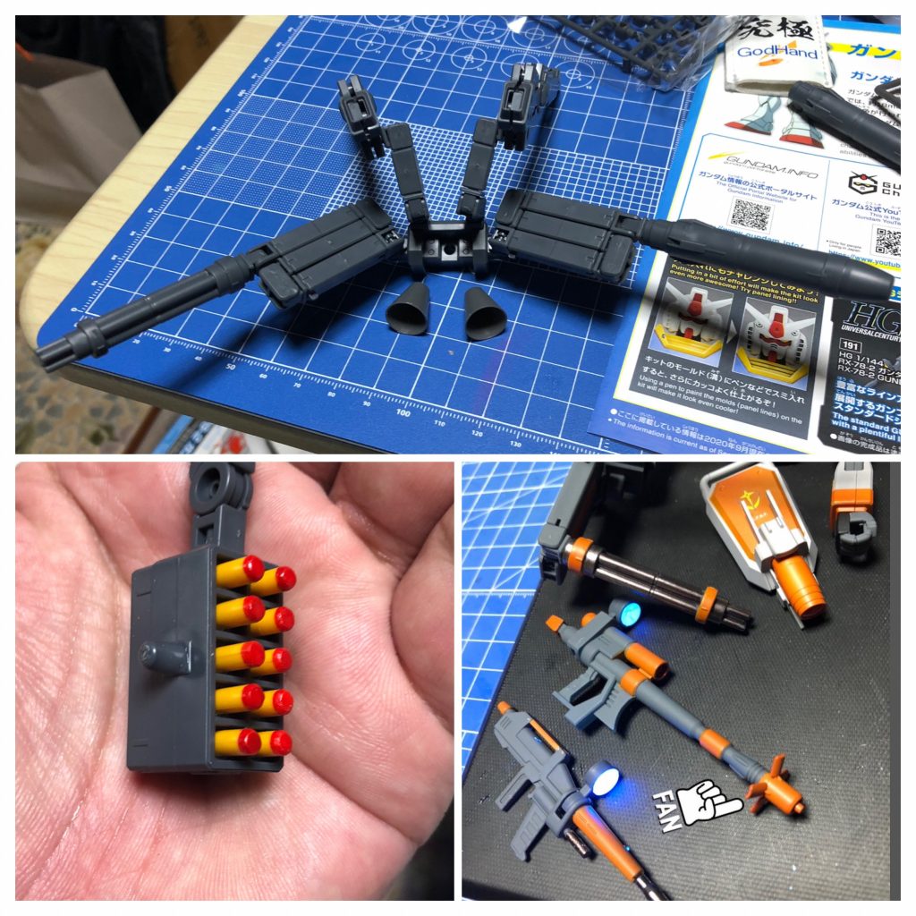 武装はパワーアームズにブースターを増設(これで5周年コン対象外ですw)。ミサイルランチャーには他キットの黄色ランナーから切り出したミサイルの弾頭を塗装しています。シールドキャノンとビームライフルはほぼそのままですが、ガンキャノンのライフルのマズルだけ欠品していたので、適当なファンネルを接着しときました(*´꒳`*)