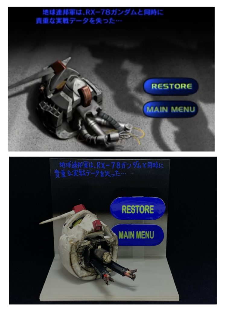 元ネタのゲーム画面との比較意外とゲーム画面のガンダムは綺麗な頭部なので、もう少し焦げ付きとか傷などを入れてリアル感を出しています。ザクの影はゆるして❤️