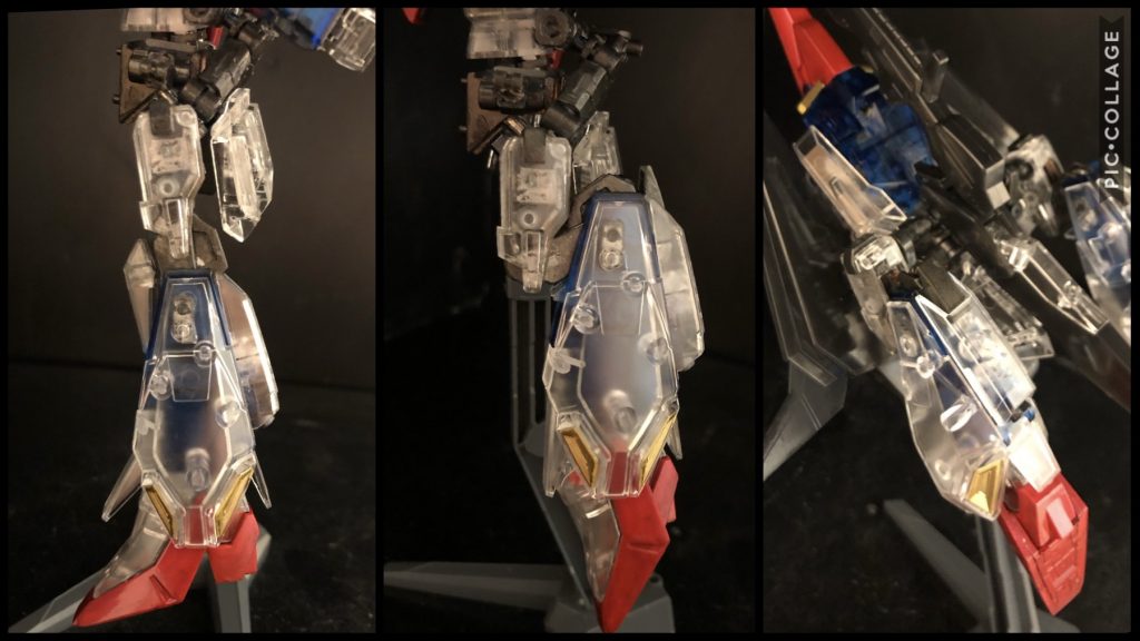 ④ フライングアーマーの移動背部から伸びたジョイントパーツによって、背部から側面で回転して機体前部に移動するギミックを再現しました。フライングアーマーそのものはキットのままです。ただこのキット、差し替えWR時に腕部を全く収納しない構造になっている為にクリアランスは致命的にありません。その為、外見重視という事で、WR時には腕部が機体前面に見えてしまう、という事になりました。