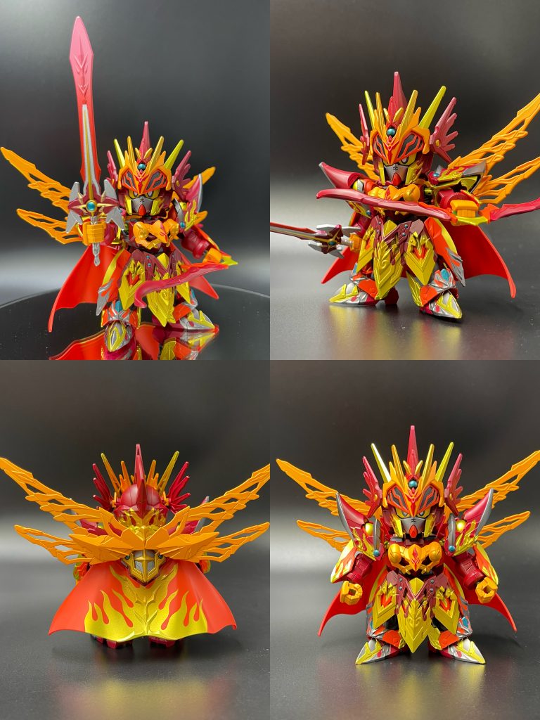 鎧装着状態です。元の造形の恩恵もあって、どことなく不死鳥の鎧装備的な雰囲気もありますね。マントのファィヤーパターンもなかなか良い感じにキマりました（グラデーションにしているのですが、写真だと分かりづらい？ww）武器は剣と弓、右手に剣持ってると矢を引けないですが、この弓はおそらく魔法補助具的な感じのやつで、矢を引かなくてもビームみたいに出るやつという事にしてあります。鈍器としても使えます。