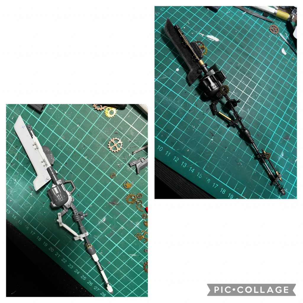 制作工程④武器はプラ棒やジャンクパーツを見つけてはとにかくキレイにはまる径を合わせながらノリと勢いで制作しました。持ち手の外側の部分のシリンダーのディテール、気に入ったので今後も使いたいですね。