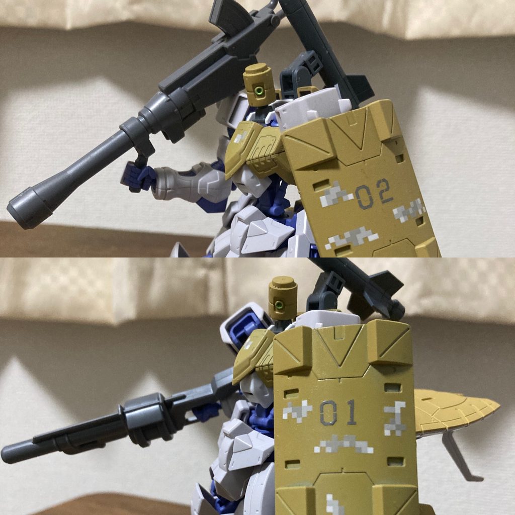 武装は1号機がグレネードランチャー2号機がバズーカです。共通している武装はシールドとシールド裏に装備しているキマリスサーベル、そしてバックパック装備の大型ミサイルです。