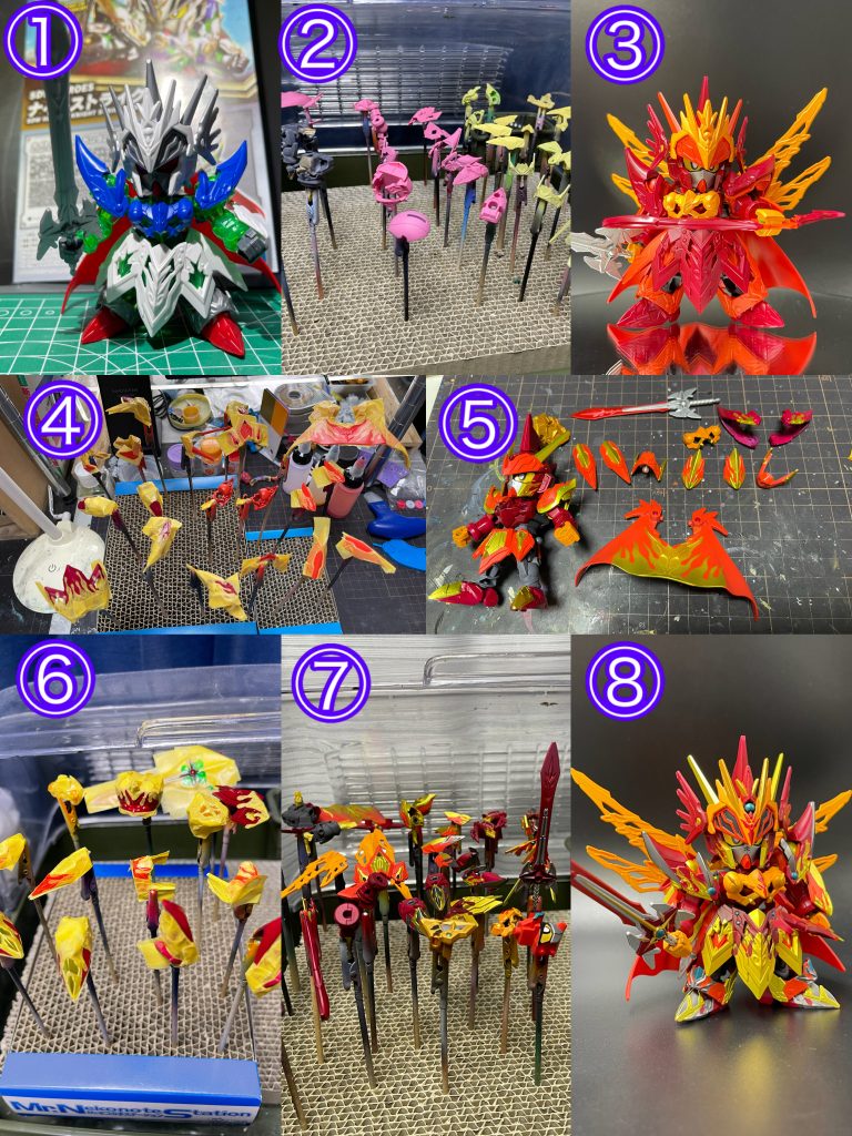 発売日5/28の夜にパチ組〜サフ（①〜②）5/29 メインカラーの3色で塗装（③）6/1 ファィヤーパターン等マスキングしてみる。もうちょい色分けしたい（④〜⑤）6/5 追加のマスキング（⑥）　　残りの塗装、トップコート（⑦）　　完成（⑧）こんな感じで、塗装メインで製作を楽しみました。