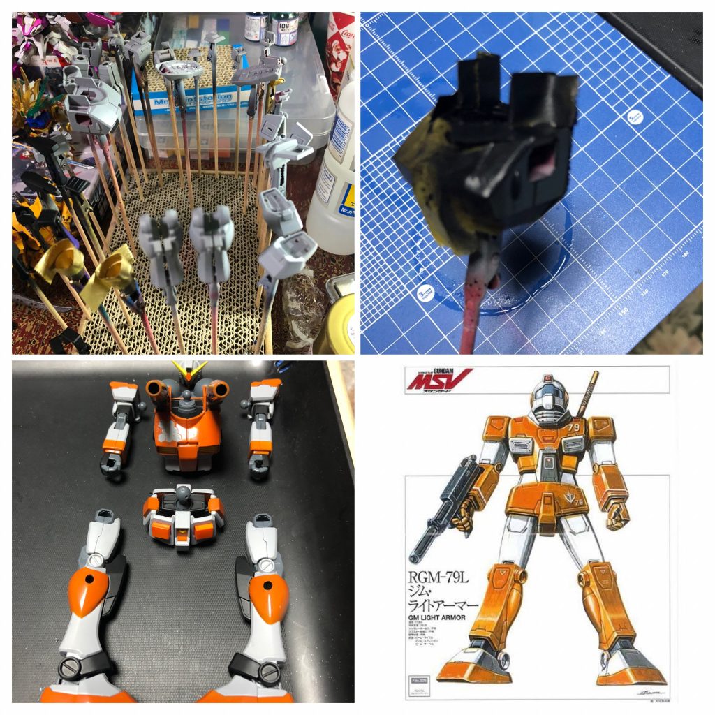 本体塗装です。グレーサフをベースカラーに、黒サフ、オレンジで塗り分けてます。そんなつもりはなかったのですが、配色はまるっきりジム・ライトアーマーになってしまいました…^_^;