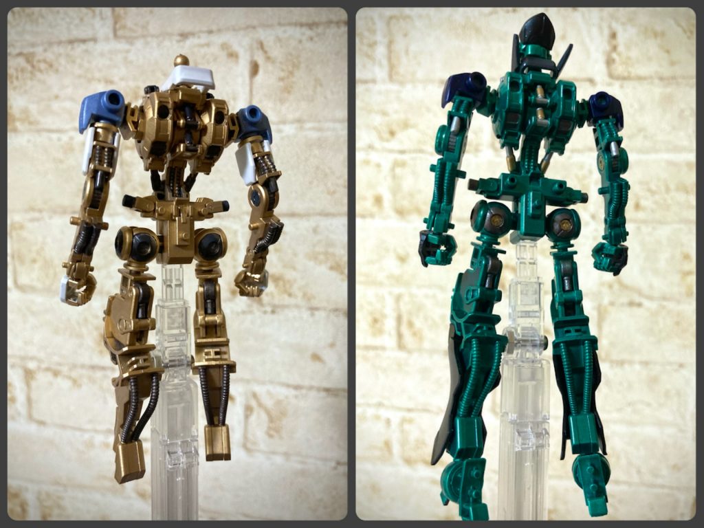 フレーム比較。バエルのゴールドフレーム（左）とアモンのエメラルドフレーム（右）。肩はトランジェント、グレイシャーのものを付けています。