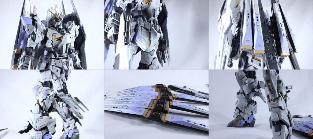 ディテールまとめ 胸をプラ板で2mm 胴体を4mm ふんどしを3mm延長 ファンネルは以前Hi-νでもやったスネークスキン塗装 スネパーツは完全自作ではなく、ユニコーンのパーツを切り離してプラ板でブリッジ化、接着はエポパテにて。