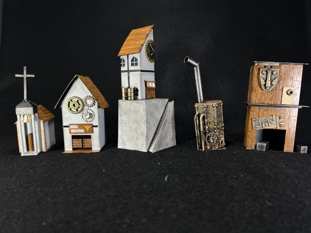 ジオラマを彩ってくれている建物たちです。楽しく制作できて、そこそこのクオリティにはなった気がしますが、建造物への理解や知識が全然たりてないと気づきました。これから通勤中にもっと建物を見ようと思いました。