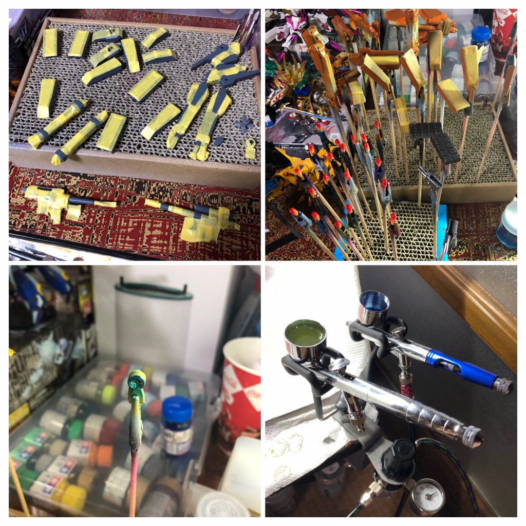 武装の塗装です。成型色をベースにオレンジで塗り分けです。装甲裏は3mm穴がかなり目立つので、黒で処理してあります。ライフルの照準器も頭部センサーと同じくなんちゃってキャンディ塗装です。蛍光塗料は後始末が大変ということでエアブラシを一本買い足して使い分けることにしました。