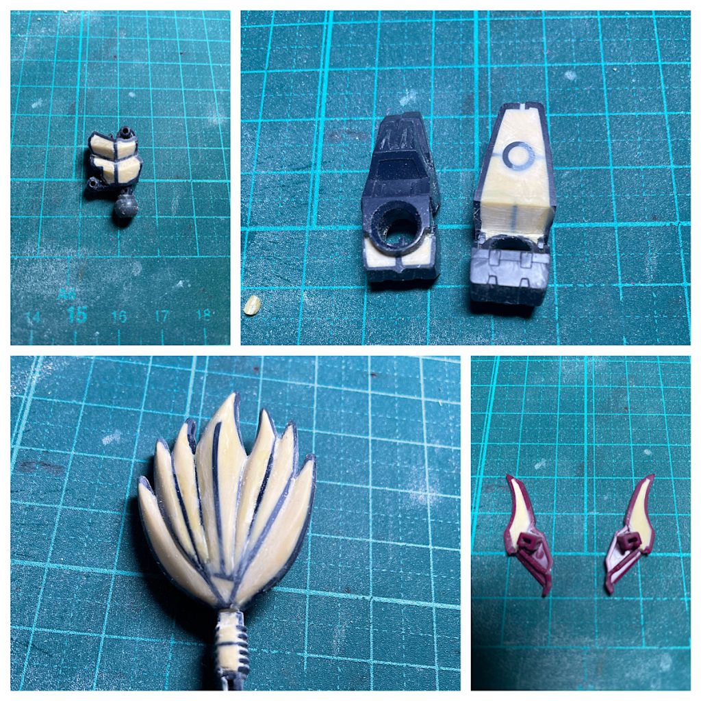 肉抜き穴の埋めた所はこんな感じ、全てパテで埋めました。特に髪の毛(?)のパーツが立体的だったので苦労しました。