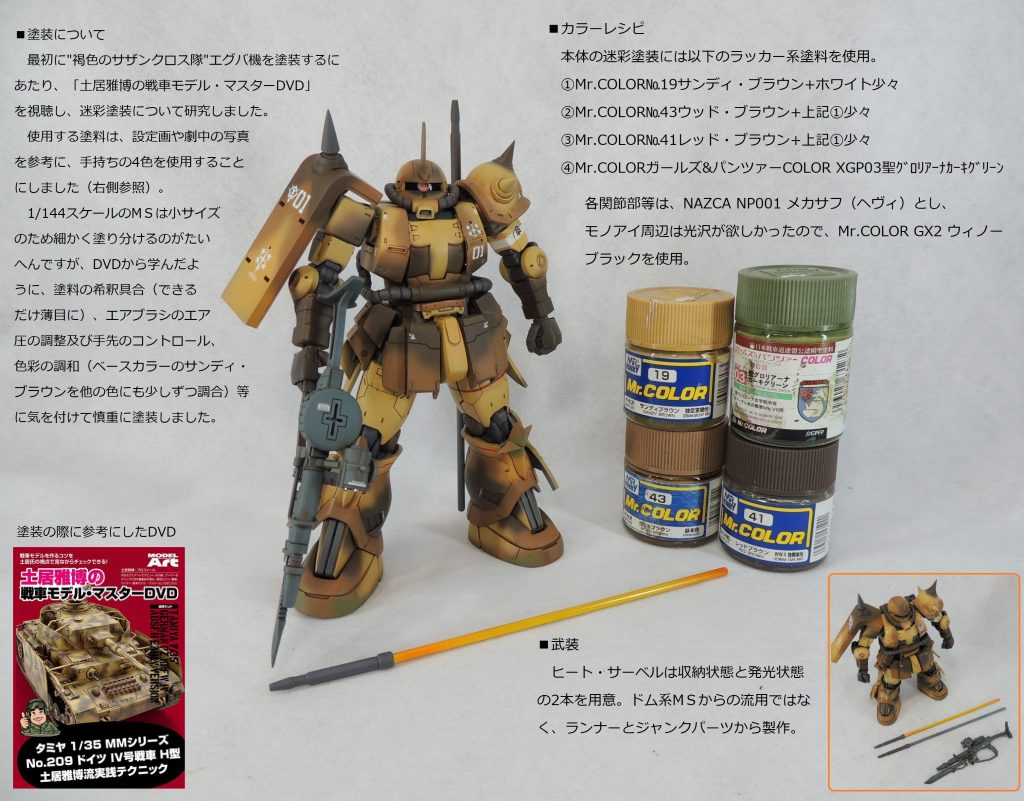 「褐色のサザンクロス隊」と言われるように、特徴的な迷彩塗装を丁寧に施しました。ベースカラーをサンディ・ブラウンとし、ウッド・ブラウン、レッド・ブラウン、カーキ・グリーンを用いています。事前に戦車模型のハウツーDVDを視聴して、迷彩塗装を勉強しました。