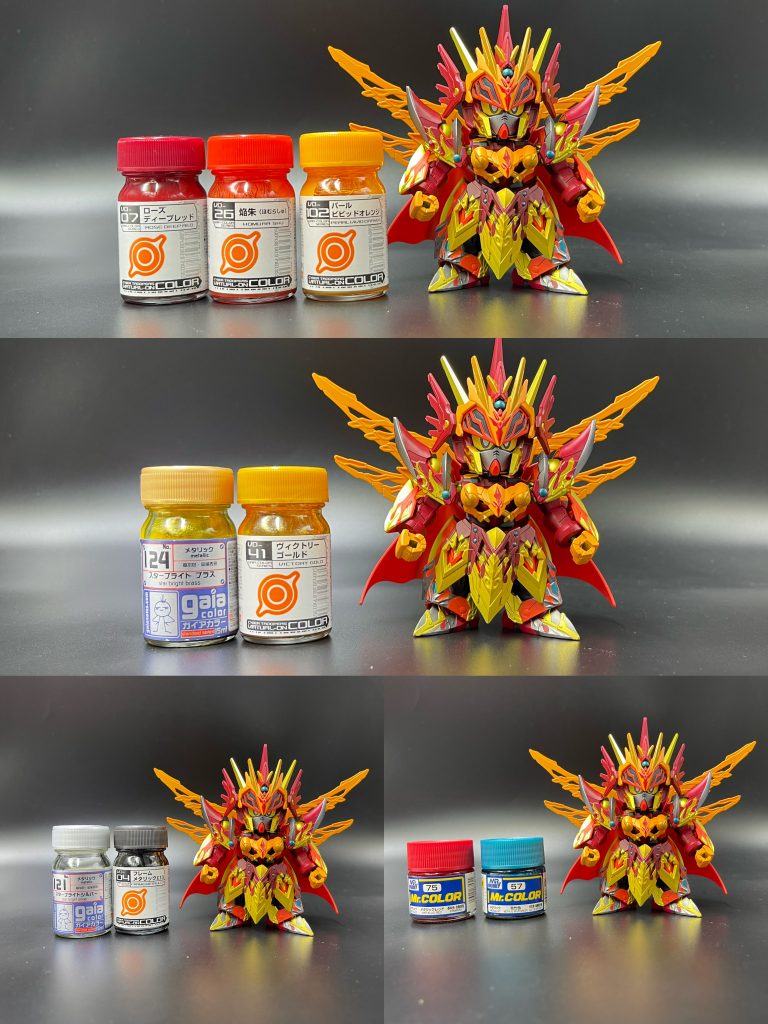 使用カラーメインは、ローズディープレッド、焔朱、パールビビッドオレンジで、ゴールドは、スターブライトブラスとヴォクトリーゴールドシルバーは、スターブライトシルバーとフレームメタリック1その他、細部にメタリックレッドや青竹色を使用しています