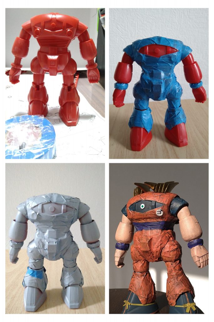 和紙製のテープを服に見える用にイメージしつつ、貼り付けて塗装を行っております。スプレーでサフを吹いた後に、水性塗料筆塗り、ウェザリングで仕上げております。