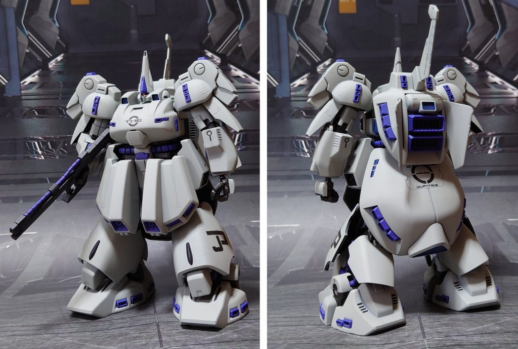 ジ・Oの前後ろ。モノアイは市販パーツに置き換え。手首は銃持ち手はキットそのまま使用、可動手は“1/100 ガンダムベース限定 MSバーニア01&エモーションマニピュレーター(連邦系)”の、五指可動手を使用してみました。