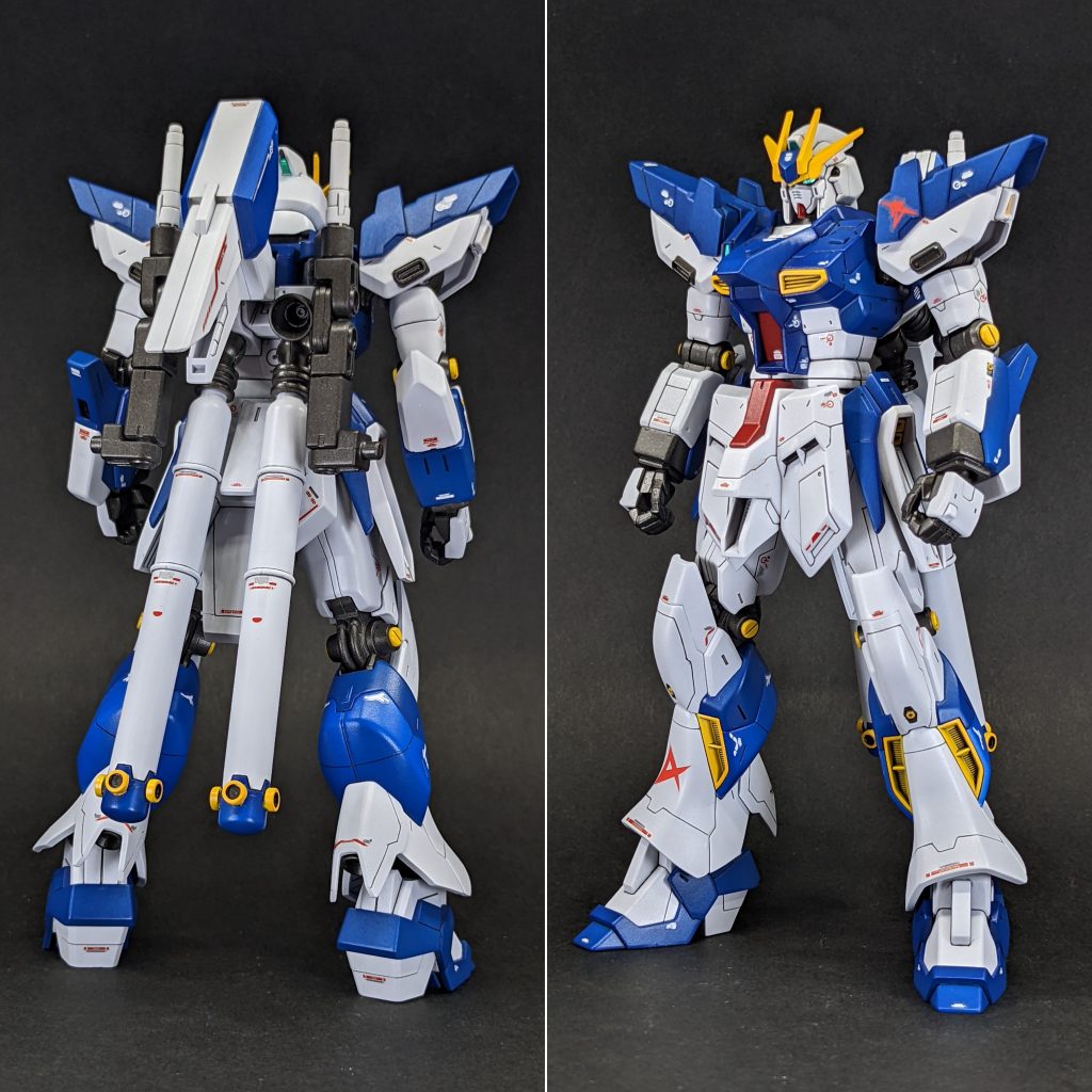 ファンネル無しver全体的に筋彫りを追加し、デカールを貼ってディテールアップ。肩の突起を少し削ったり、プロペラントタンクのノズルを大型化、ファンネルの接続ジョイントなど少し改造してあります