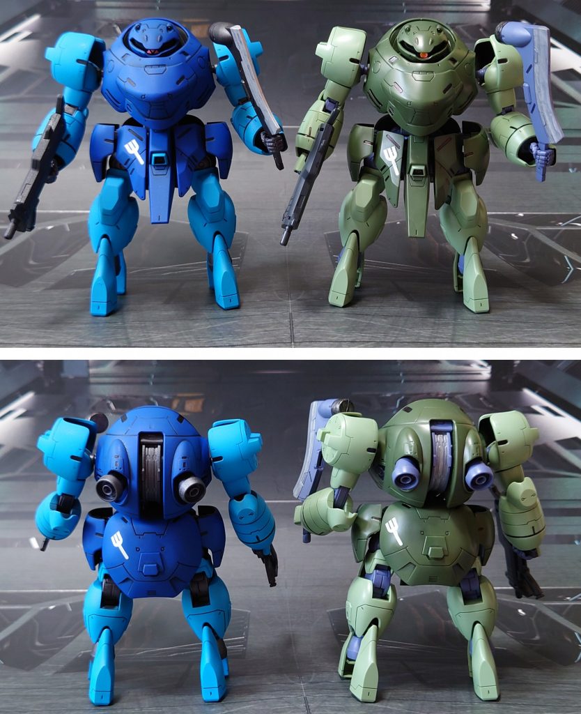 ブルワーズ通常カラーの、緑マンロディとの比較。緑マンロディは頭部センサーをモノアイに改造してあります。