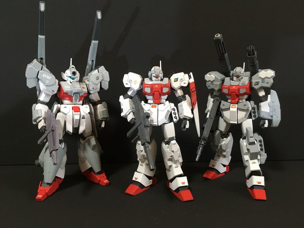 UG90年代　強襲系量産機シリーズ３体の集合写真です。ジェスタキャノン　https://gumpla.jp/hg/1069002ジェスタ　https://gumpla.jp/hg/1068992ジェガンブラストマスター　https://gumpla.jp/hg/1068985