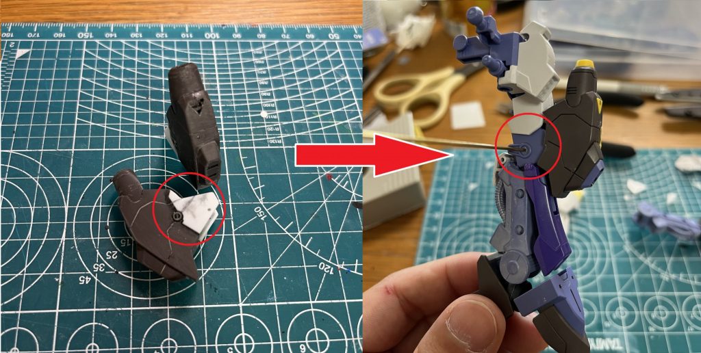 膝部分の加工ヴィダールの膝を切り出して、プラ板を接着関節パーツに穴をあけて真鍮線をさしています。