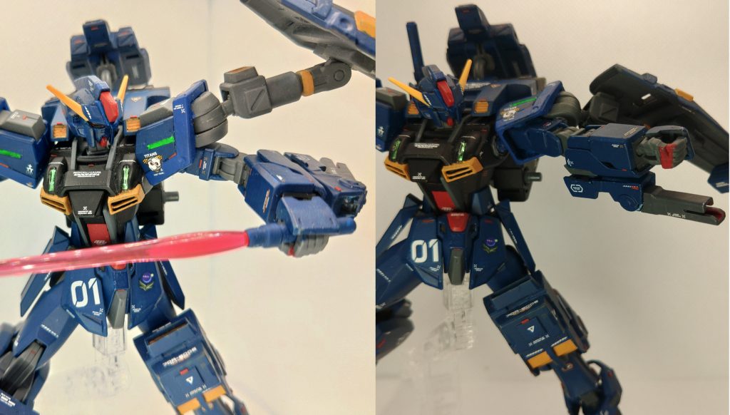 ビームサーベル&ビームガン  アドバンスドストライカーに一基装備されている近接兵装。エールストライカーでは二基あったのが一基に減少している。ビームガンはシールド取り付け基部が肩部ハードポイントになったので左腕部に装備された兵装。