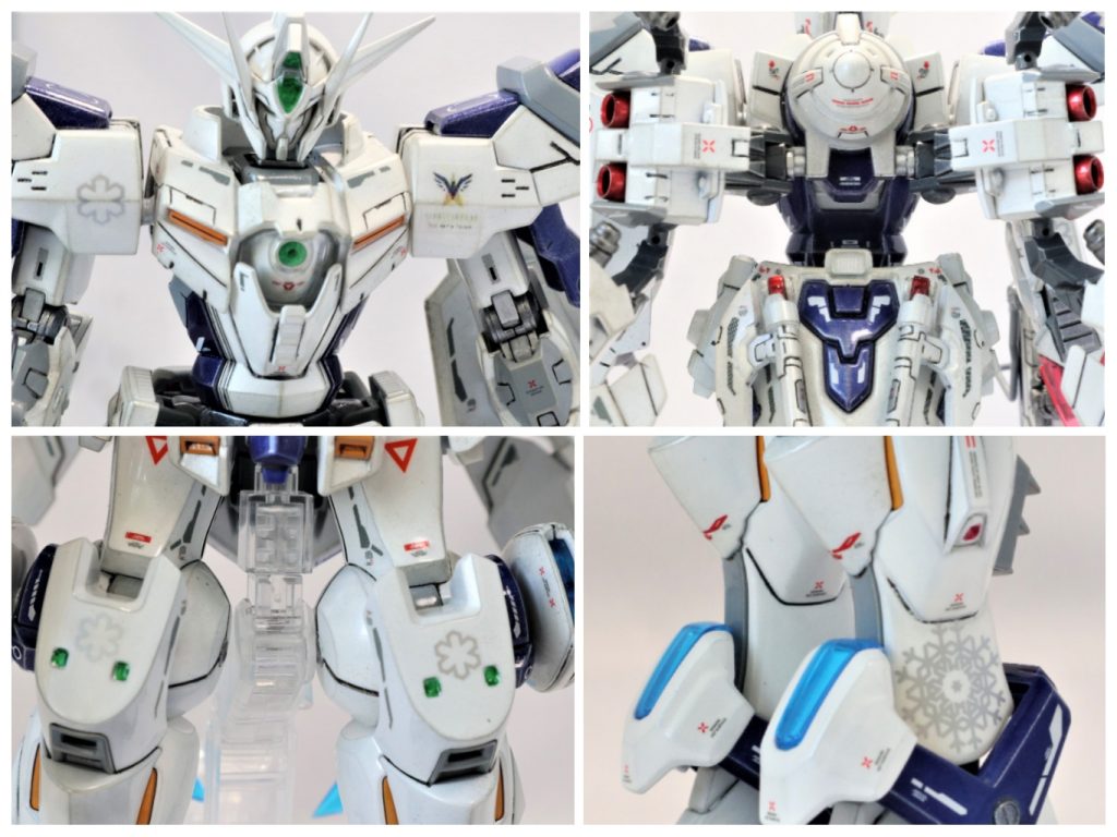 各種デカールで密度を高めました。右肩、両膝、脛外側に雪の結晶デカールを、左肩にはフォースエンブレムでアクセントを。各種ラインデカールも使用しました。