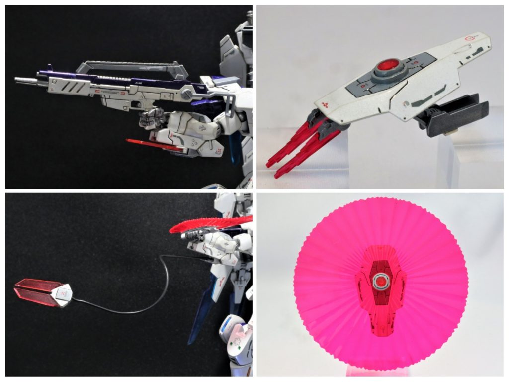 各種武装画像。左上:ビームライフルのストック使用時。右上:バックラーシールドアップ、腕部とはアームで繋がってます。左下:右腕にはアンカーワイヤーを装備。右下:ビームシールド展開画像。