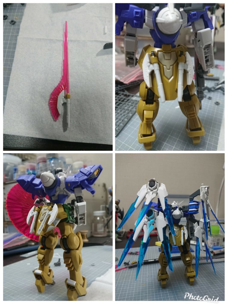 ビームサーベルは、ムーンガンダムのサーベルにジャスティマのサーベル上部を接続。問題なくリアスカートに懸架可能です。