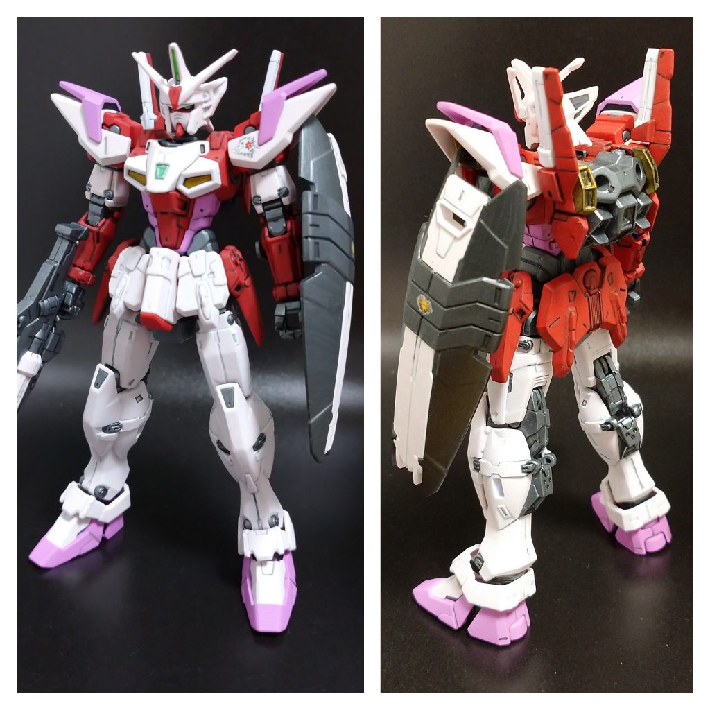 塗装はファレホを使用。ピンクはゲームカラー。それ以外はメカカラーを使用。本体薄ピンク部=ピュアホワイトベースにピンクとイエローを一滴づつ調整。赤部=szレッドセンサー部=メタリックグリーン、蛍光グリーン金部=ゴールド間接部、ライフル、他=ガンメタルシールドのみガンメタルにブラックを少量混ぜて調整。墨入れ=ピンク部はグレー。他濃い所はブラック。