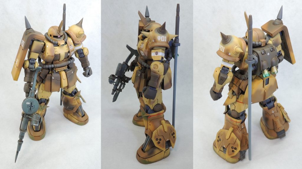 ベースキットは、オリジン版のシャア専用ザクです。設定画や劇中の写真等を参考に、「もしもバンダイからキットが発売されたらどんなだろう?」という空想を膨らませつつ、キットの可動部分を生かして製作しました。