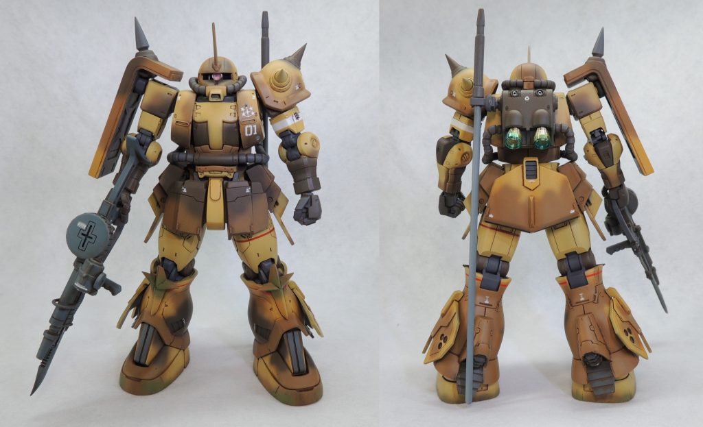 今回一番悩んだのは脚部で、当初、ドム系やゲルググ系のキットからの流用を考えましたが、これまで見たことのないデザインで全く似ても似つかないことから、結果としてザクの脚部を改造することにしました。